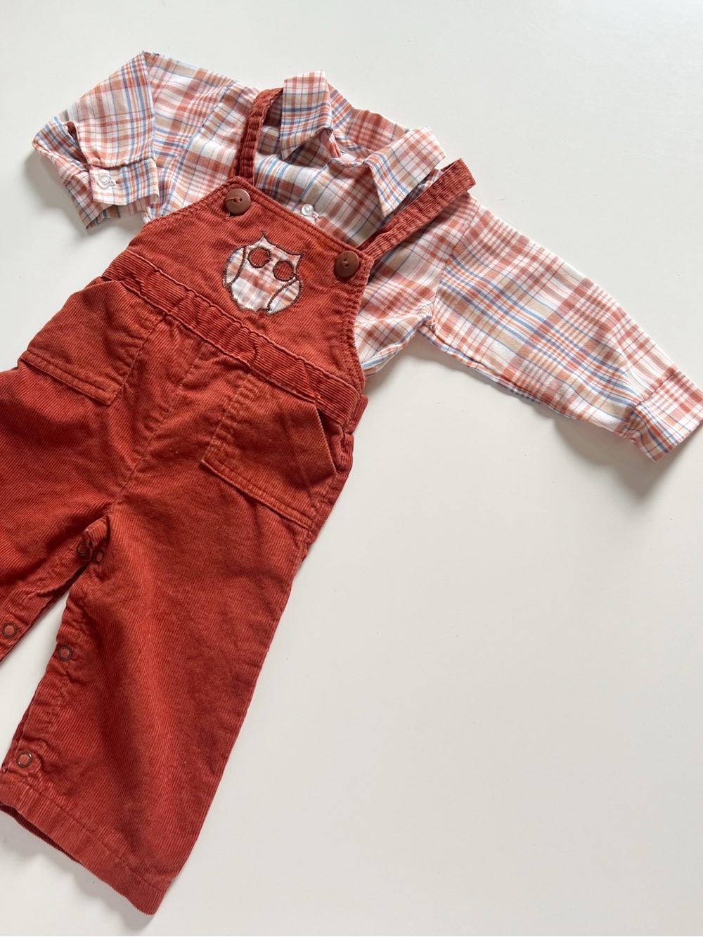 Vintage Alexis Two Piece Burnt Orange Corduroy Owl Overalls & Plaid Shirt